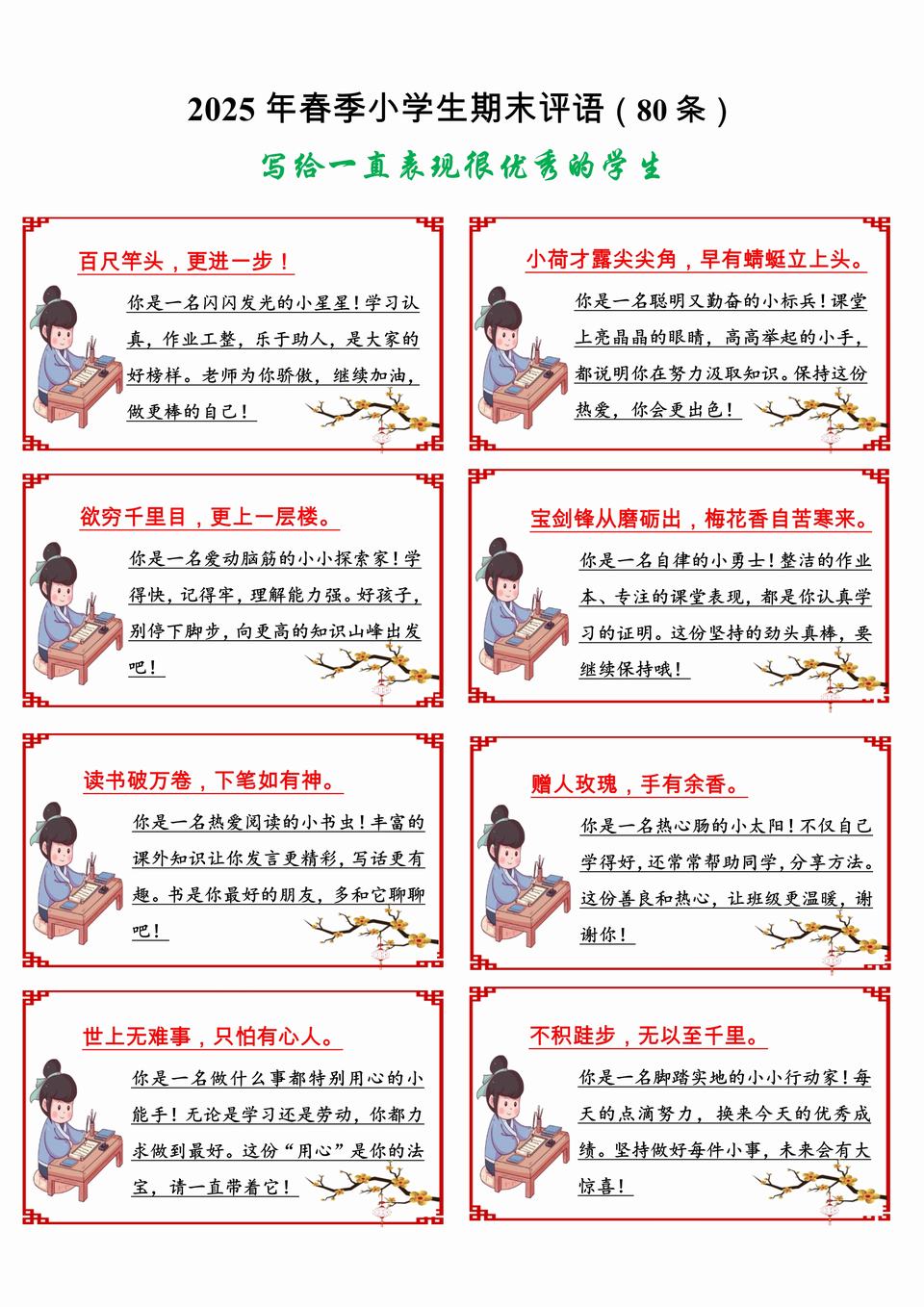 2025年春学期小学生期末评语80条(美化版)