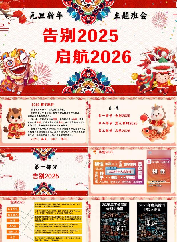 初高中通用2026马年元旦新年主题班会PPT课件《告别2025，启航2026》（含发言稿）