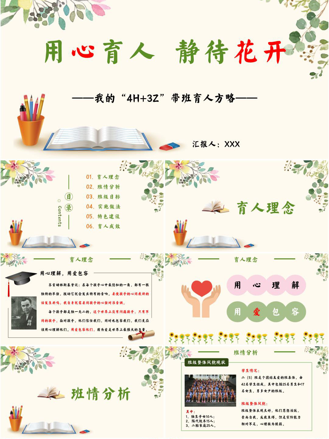 小学优秀班主任带班育人方略经验交流分享PPT《用心育人，静待花开》（含发言稿）