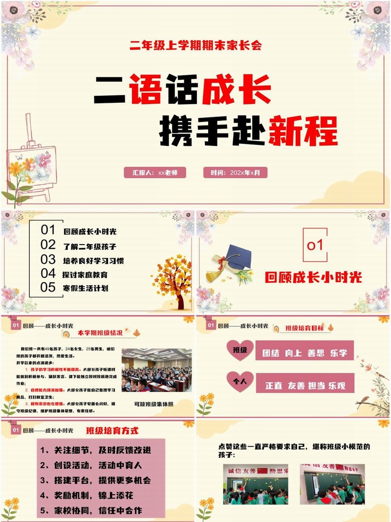 二年级上学期语文期末家长会PPT课件《二语话成长，携手赴新程》（含发言稿）