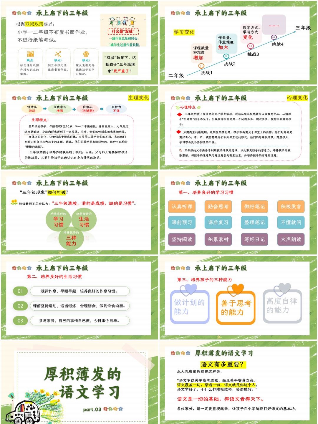 三年级下学期第二学期开学家长会语文开学家长会PPT课件《三春同筑梦,语香伴成长》(含发言稿)